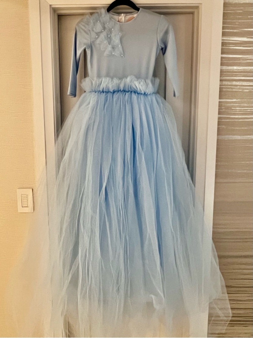 Light Blue Tulle Formal Dress for Girls with Long Sleeves